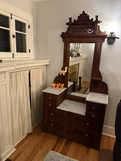 Antique Victorian Eastlake Dresser With Marble Top And Large Framed Mirror 