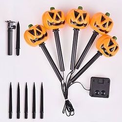 Halloween Pumpkin Stake Lights Set of 5, Solar Lighted 3D Pumpkins Outdoor Waterproof for Garden, Pathway and Yard Decoration