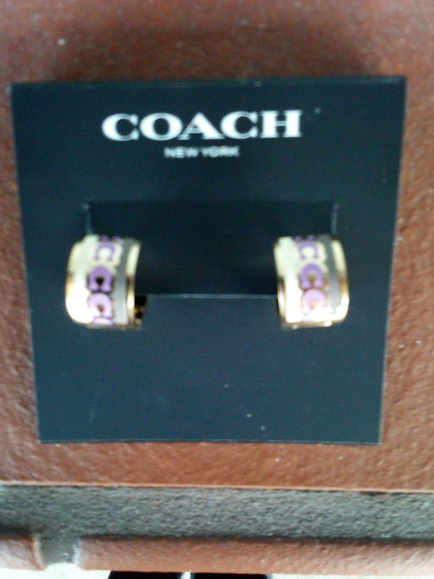 Coach: Gold Purple Cream Hoop Earrings