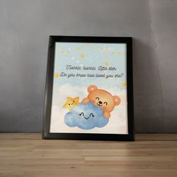 Brand New! Cute Star Nursery, Children , Gift - Wall Art Decor 8”x10” Black Frame + Free Sticker