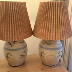 Pair Of Vintage Floral Pottery Lamps - Hand painted And Scribed 