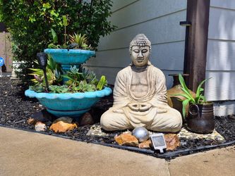 Large Solid Concrete Meditating Buddha Garden Statue – Weathered Cement Zen Patio Decor