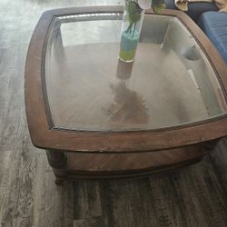 Mahogany Wood Glass Table With Drawers