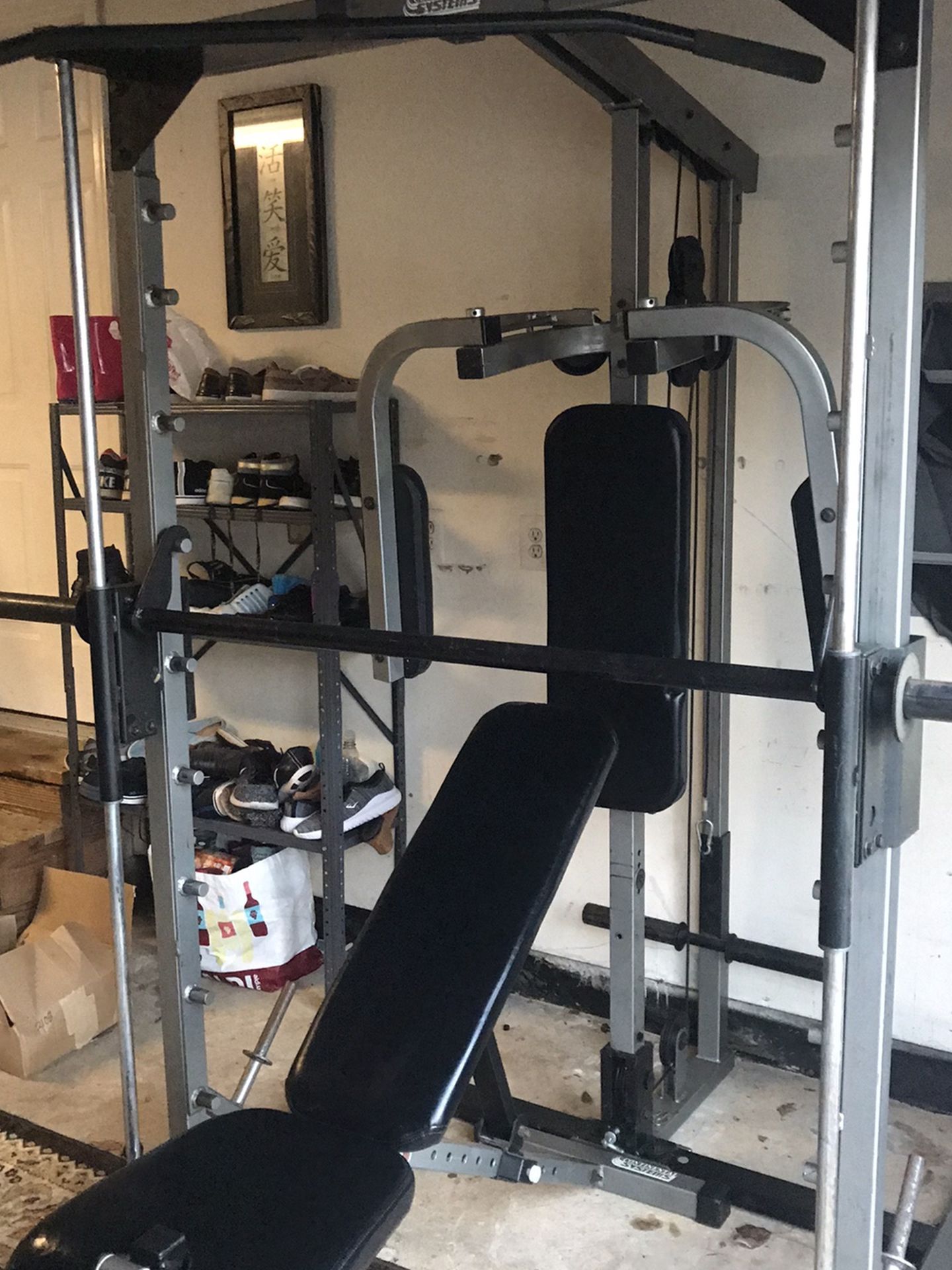 Smith Machine With Pulling System Cable And Adjustable Weight Bench