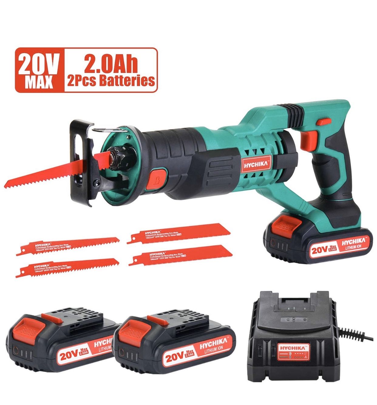 Reciprocating Saw 20V 2Ah 2 Batteries 4 Saw Blades, 0-2800SPM Variable Speed, 7/8" Stroke Length Tool-Free Blade Change LED Light for Wood Metal Cut