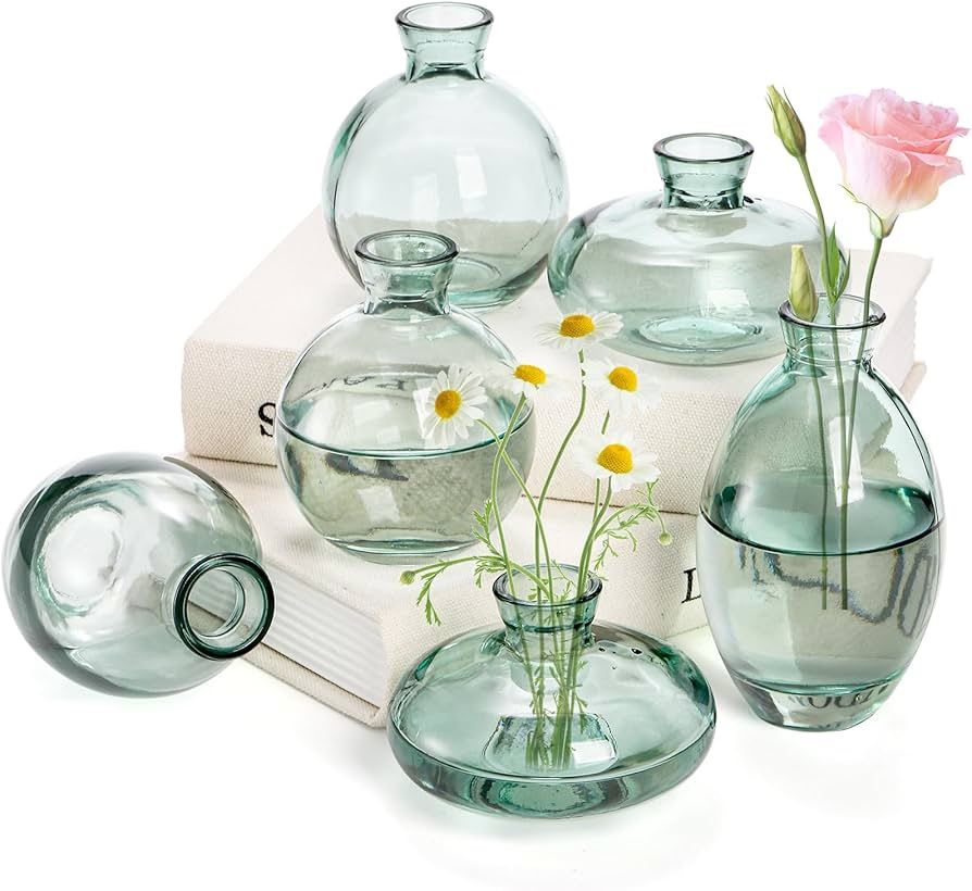 Yopay 6 Pack Small Glass Flower Vase, Green Mini Bud Vases for Wedding, Cute Decorative Transparent Vases for Centerpieces, Events, Parties, Entryways