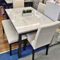 ✅️✅️ 5 pc dark finish wood faux marble top  rectangular dining table set with bench ✅️✅️