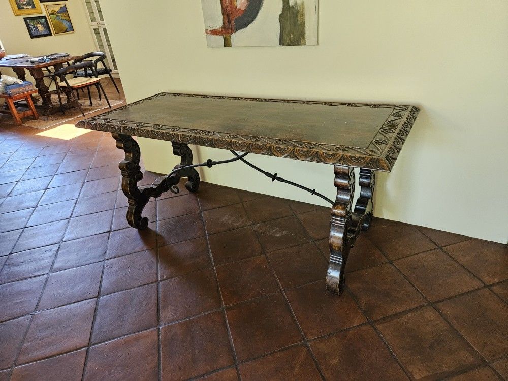 Spanish Style Carved Console Table – 72" Long – Wrought Iron & Solid Wood