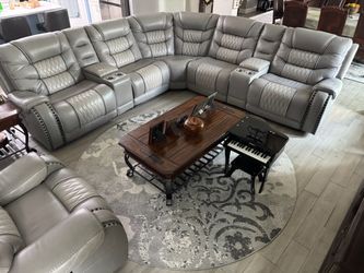 Gray Leather Reclining Sectional Sofa