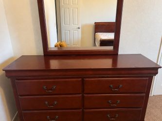 Queen bed frame, mattress and dresser