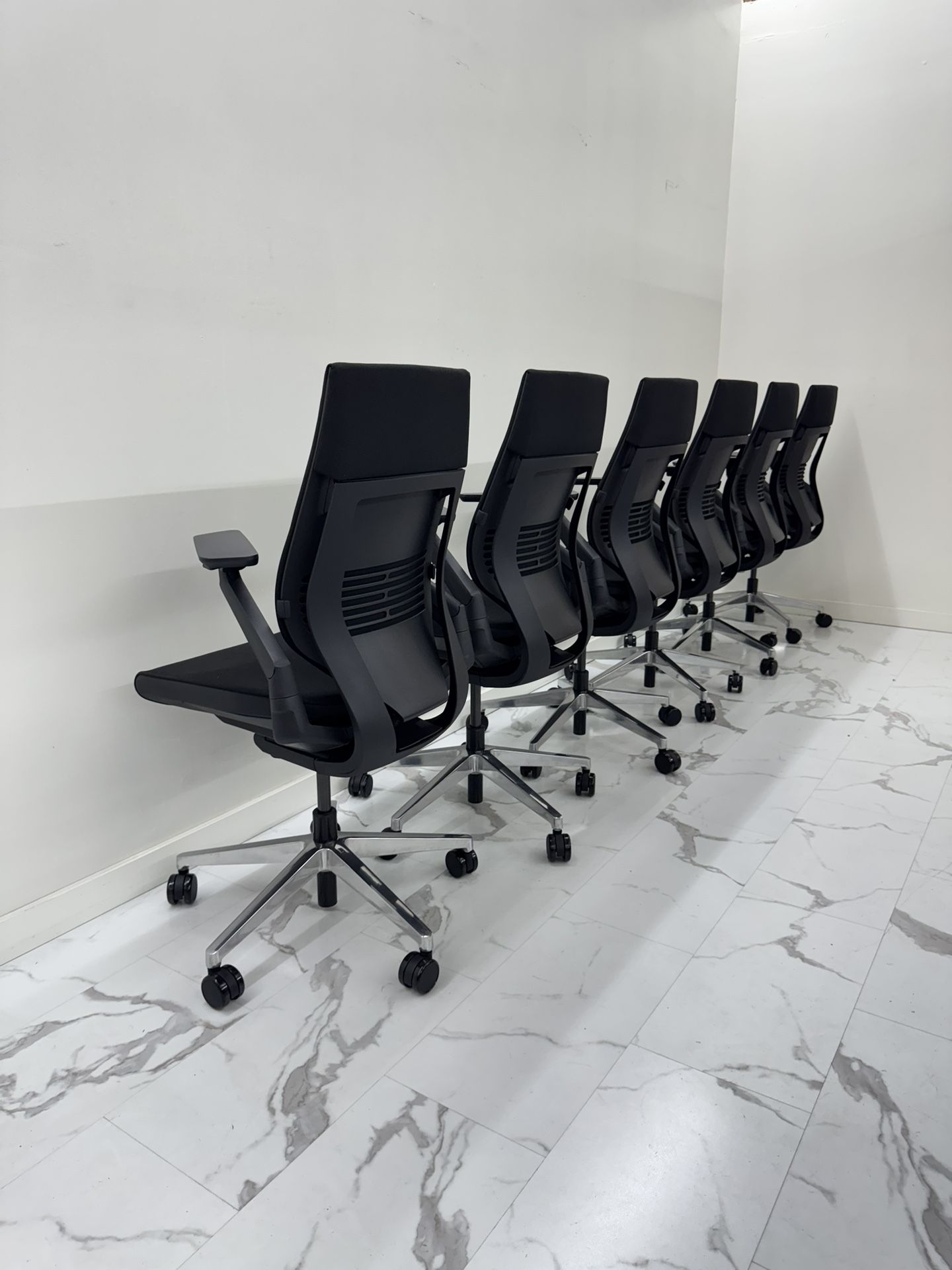 LIKE NEW CONDITION STEELCASE GESTURE CHAIR, BLACK FABRIC WITH POLISHED ALUMINUM BASE, FULLY LOADED WITH LUMBAR SUPPORT