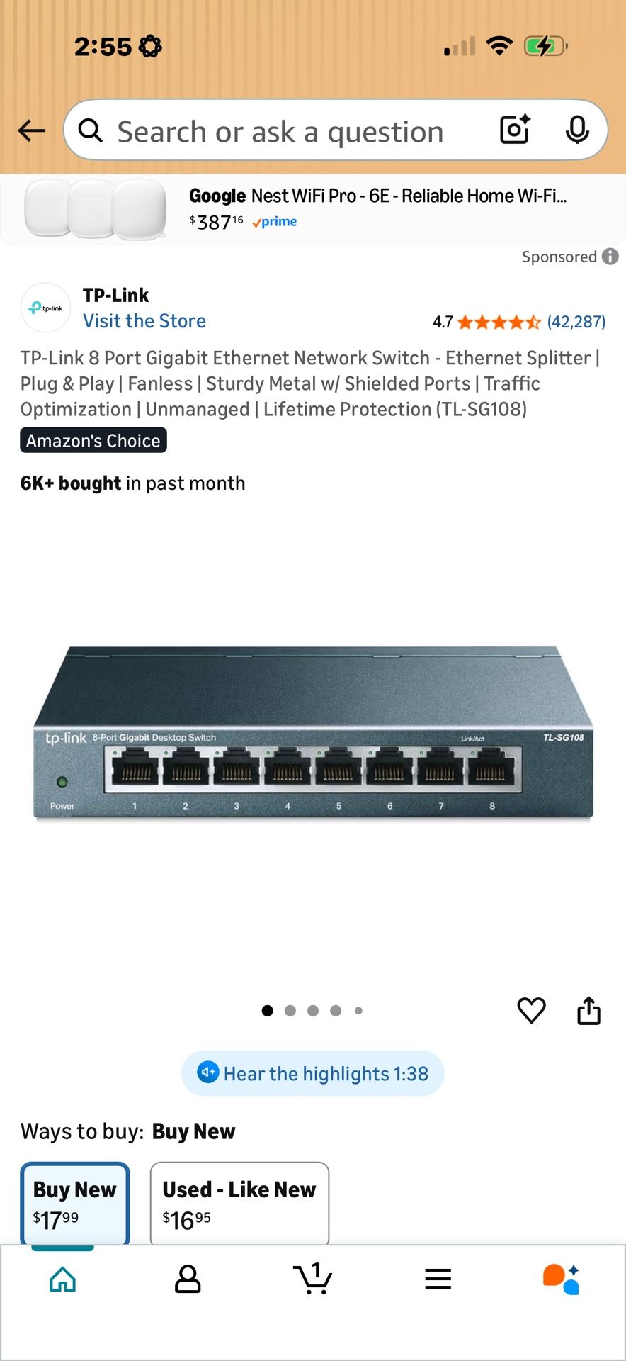 TP-Link 8 Port Gigabit Ethernet Network Switch - Ethernet Splitter | Plug & Play | Fanless | Sturdy Metal w/ Shielded Ports | Traffic Optimization | U