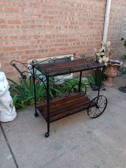 Vintage Style Wrought Iron Trolley Cart With Wooden Shelves