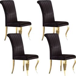 Dining Chairs Set of 4, Rolled and Channel Back Design Dining Room Chairs in Black Velvet and Gold Cabriole Stainless Steel Legs