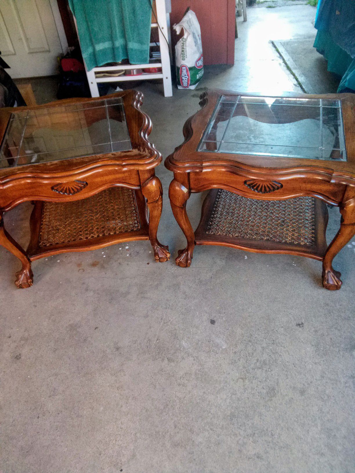 2 Antique Wood Glass side tables