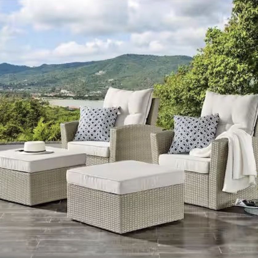 Alaterre Furniture Canaan Beige 4 Piece All Weather Wicker Patio Conversation Set With Cream Cushions 