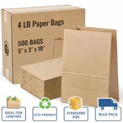 Brown Kraft Paper Bags, 4 lb Capacity, 5x3x10 Inches, 500 Count Bulk Pack 