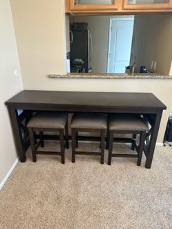 Dark Wood Console Dining Set with 3 Stools and Power Outlets