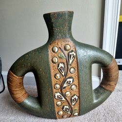 Ceramic Vase with Shell Inlay & Bamboo-Wrapped Handles – Earth Tone Decor