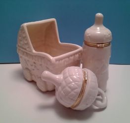 Ceramic Baby Embossed Crib Planter & Pacifier Bottle Hinged Trinket Box 
