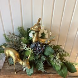 Two brass Deer With Flower Arrangement 