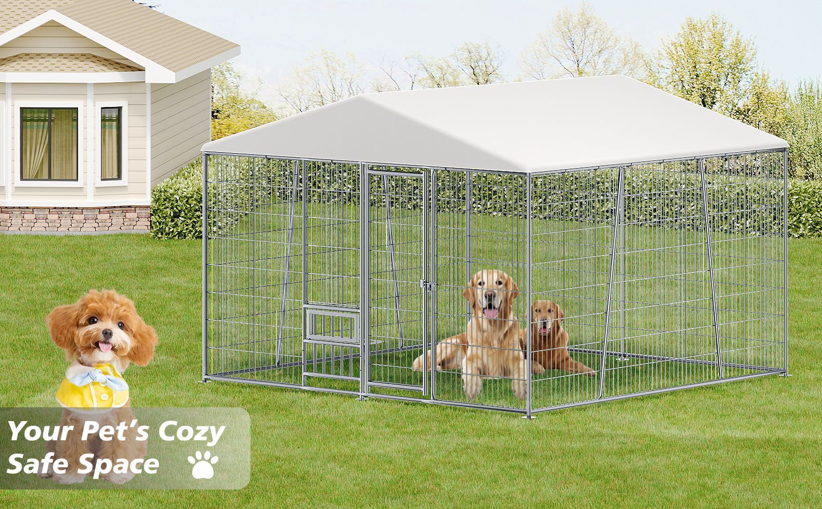 10 x 10-FT heavy-duty outdoor dog kennel with feeding bowl, full coverage waterproof roof, easy-to-assemble wire mesh fence with secure lock.