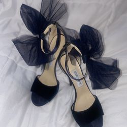 Gorgeous JIMMY CHOO ‘Lilyth’ Pewter Patent Leather & Navy Velvet Sandals With Movable/Removable Navy Organza Bows