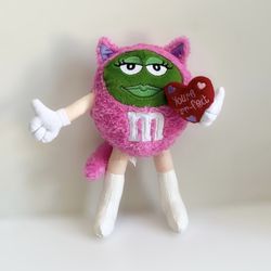 2004 M&M’s Mars Green Candy Pink Cat Valentines Red Heart 9” Plush Toy