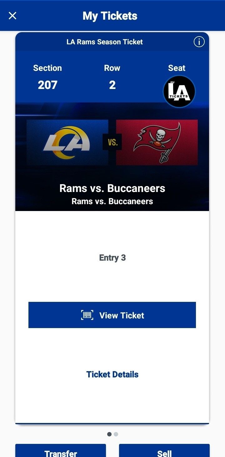 2 TIXS - RAMS VS Bucs - SEC. 207 - ROW 2- $250 Each