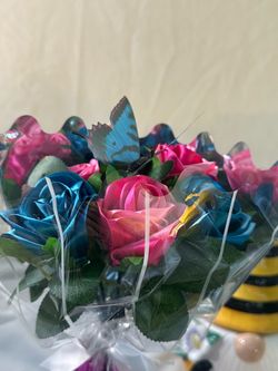 Half‑Dozen Handmade Satin Ribbon Rose Bouquet – Pink & Teal