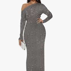 Gray- Sequin One Shoulder Prom Dresses for Women 2026 Sparkly Long Sleeve Empire Waist Pleated Formal Evening Gown