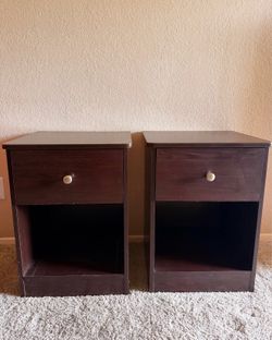 2  Dark Wood Nightstands & 2 Modern Table Lamps