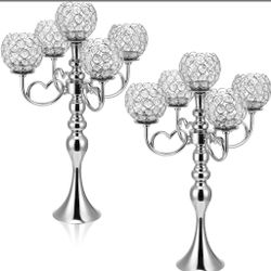 2 Pack 5 Arm Crystal Candelabra Centerpieces 21.5 Inch Tall Candle Holder Table Candelabra Stand With Crystal Candle Holder Bowl For Home Wedding Anni