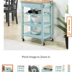 Ellaine Sea Foam Blue 4 Tier Butcher Block Kitchen Cart with Drawer and Wine Rack