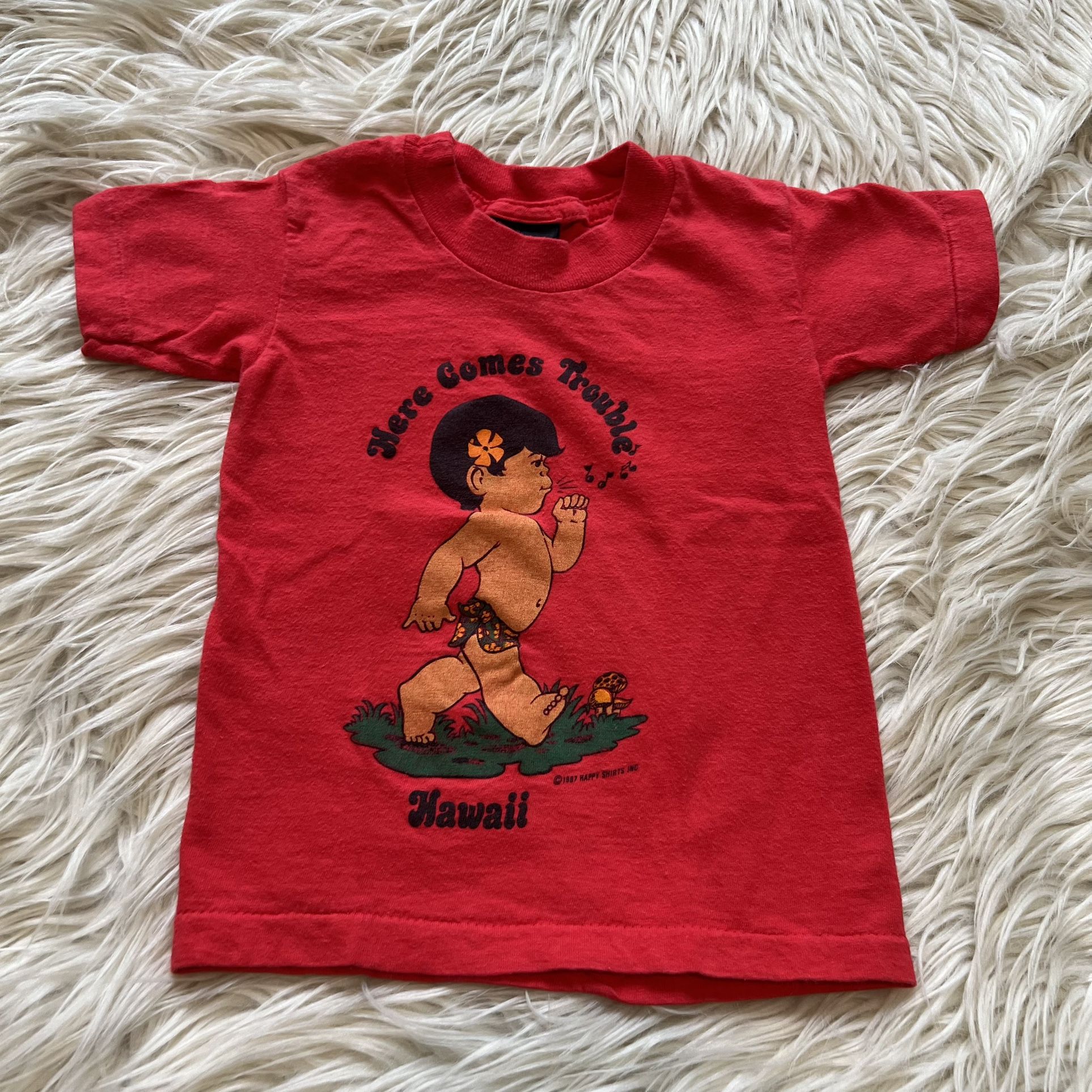 Vintage 80s Happy Shirts Hawaii Graphic T Shirt Here Comes Trouble Kids Size 2T