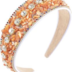 Women Headband Sparkle Diamond Crystal Headband Padded Wide Hairband Glitter Hair Accessories for Women Girls Orange