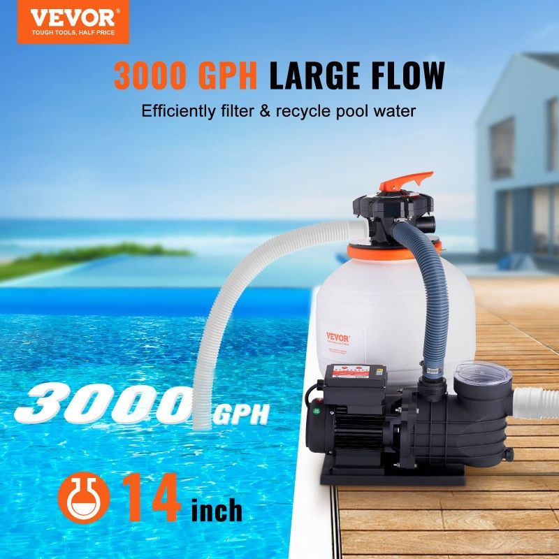 VEVOR Sand Filter Pump for Above Ground Pool, 14" Sand Filter, 3/4 HP Pool Pump w/ Automatic Timer, 3000GPH, 115V, 6 Way Valve, Sand Filter Combo Set,