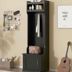 Minimalist Black Hall Tree with 6 Hanging Hooks, Storage Cabinet and Shelves