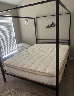 QUEEN CANOPY BED FRAME WITH PILLOWTOP MATTRESS OBO