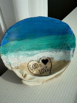 Hand Painted Clam Shell Art God Is Love Beach Coastal Christian Shelf Decor