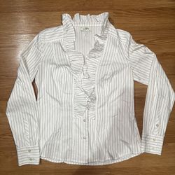 Ann Taylor Loft White Black striped ruffled button up long sleeve business shirt size s