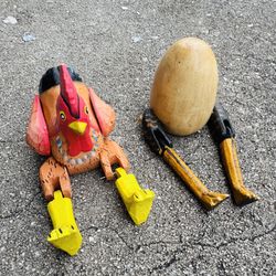 Rooster Chicken & Egg  Wooden Hand Painted - Jointed Legs - Articulated - $5 for the Set of Figurines & Nest  