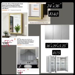 $140- 24”xW x 36”H Rectangular Gold Metal Framed Beveled Surface Mount/Recessed Medicine Cabinet with Mirror  $175-  Croydex 36” x 26 “