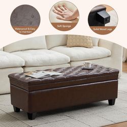 50" Faux Leather Storage Ottoman Bench, Upholstered Rectangle End of Bed Storage Ottoman Tufted Living Room Bedroom Bench with Safety Hinge, Solid Woo