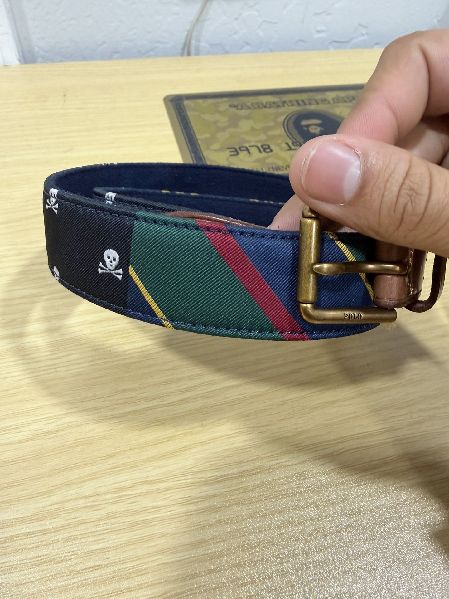 Ralph Lauren Prepster Belt Size 32 – Patchwork Canvas Skull & Stripe – Leather Ends – Preppy Style 