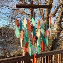 Sand Rose & Aqua Turquoise 9” x 20” Mixed Rainbow Leaves Cascade Stained Glass Driftwood Wind Chime Sun Catcher Mobile