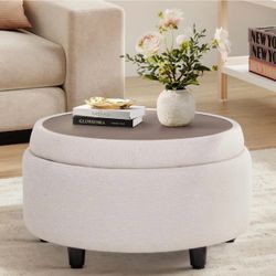 Fabric Round Storage Ottoman with Reversible Tray Lid – Multi-Functional Footrest, Hidden Storage, Sturdy & Stylish Small Coffee Table for Living Room