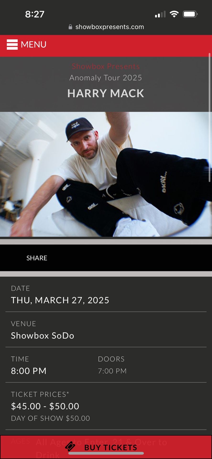Harry Mack Concert TWO Tickets 3/27 Showbox SODO Seattle