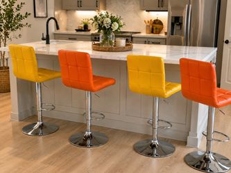 Set of 4 Modern Tufted Swivel Bar Stools - Orange and Yellow