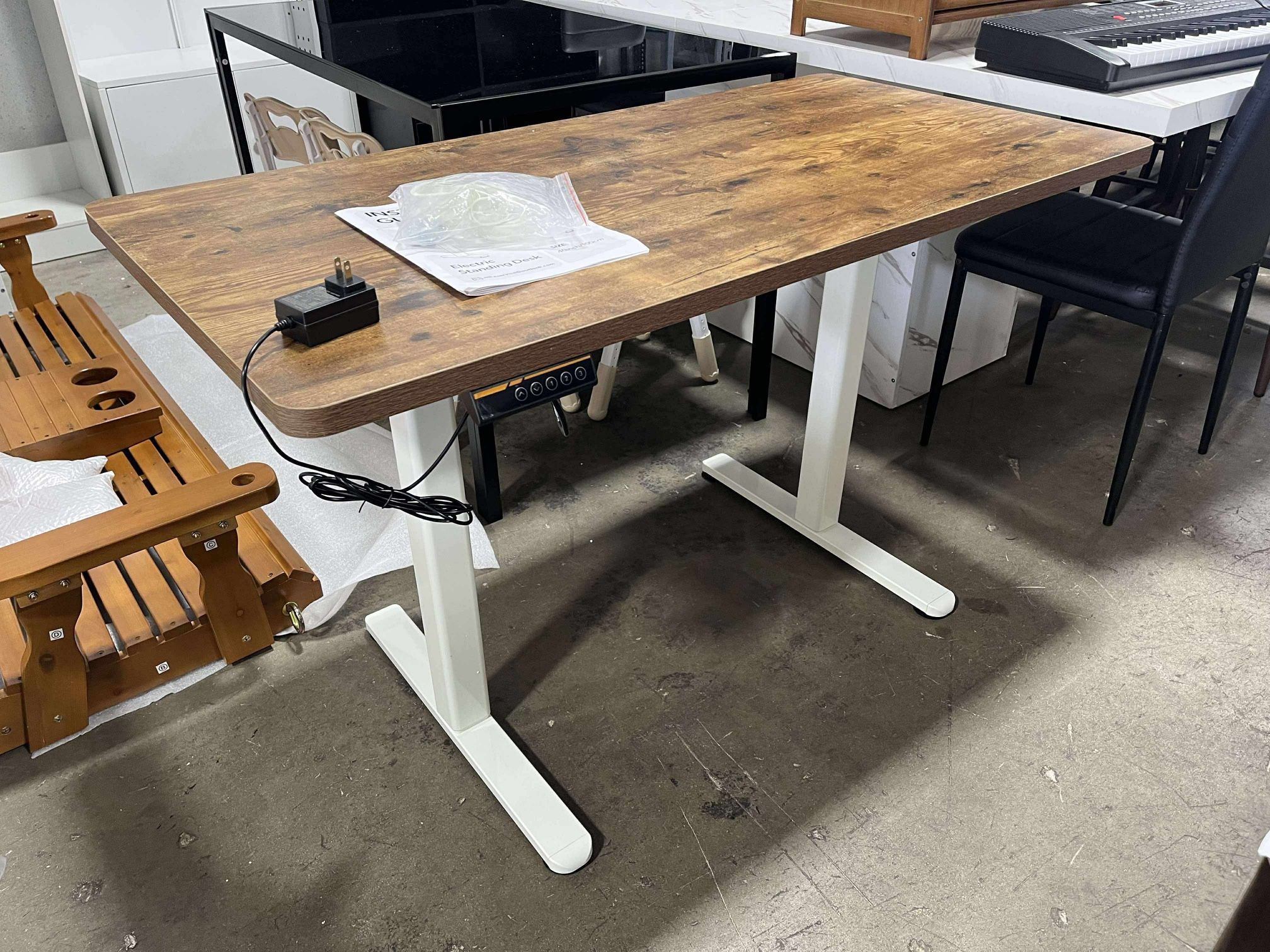 NEW - Electric 47.5 x 24” in Standing Desk, Memory Height Adjustment, One-Piece Rustic Vintage Brown Top, White Frame